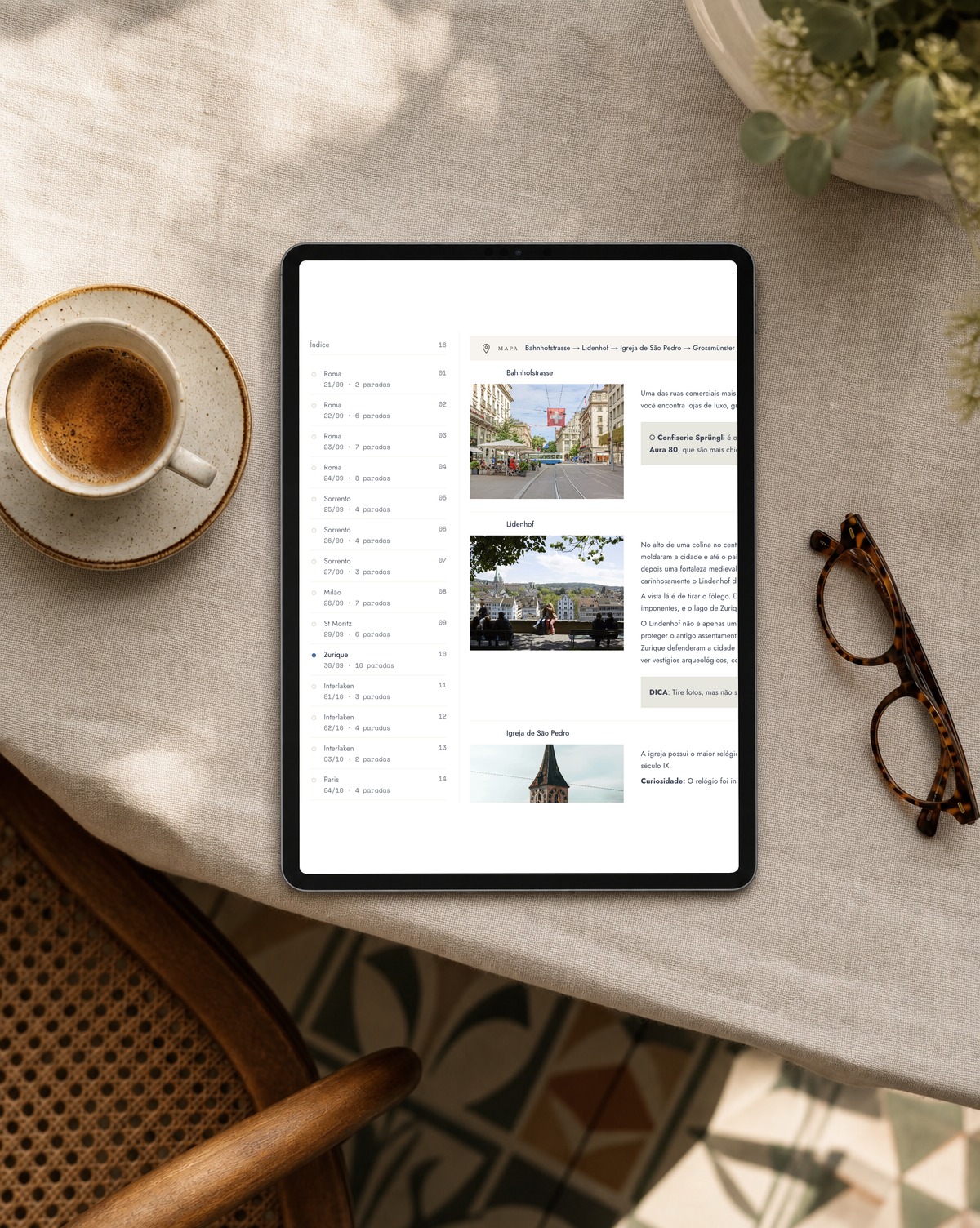 A real client's personalised itinerary displayed on a tablet